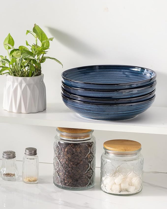 Ceramic Pasta Bowls, 8.7" Large Salad Bowls Set of 4, 32 oz Wide and Shallow Bowls, Farmhouse Bowl Plates for Kitchen, Gift for Housewarming Wedding, Microwave & Dishwasher Safe, Blue
