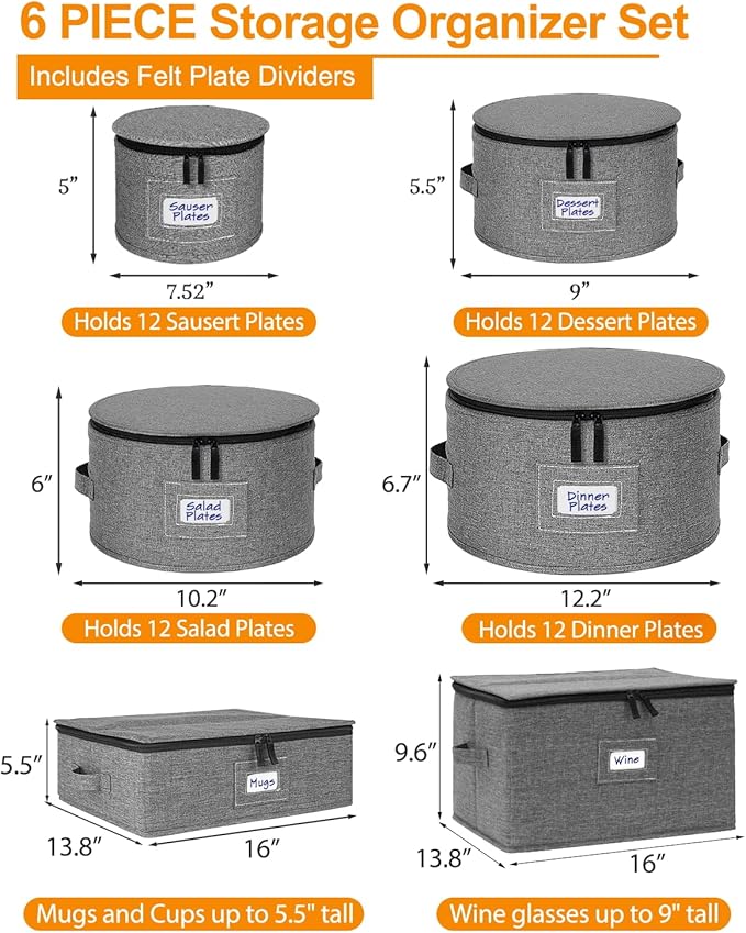 punemi 6-Piece Hard Shell China Storage Containers, Mug & Cup Organizer, Wine Glass Storage Boxes with Dividers & Carry Handles, Moving Boxes for Dinnerware, Glassware, and Stemware,Grey
