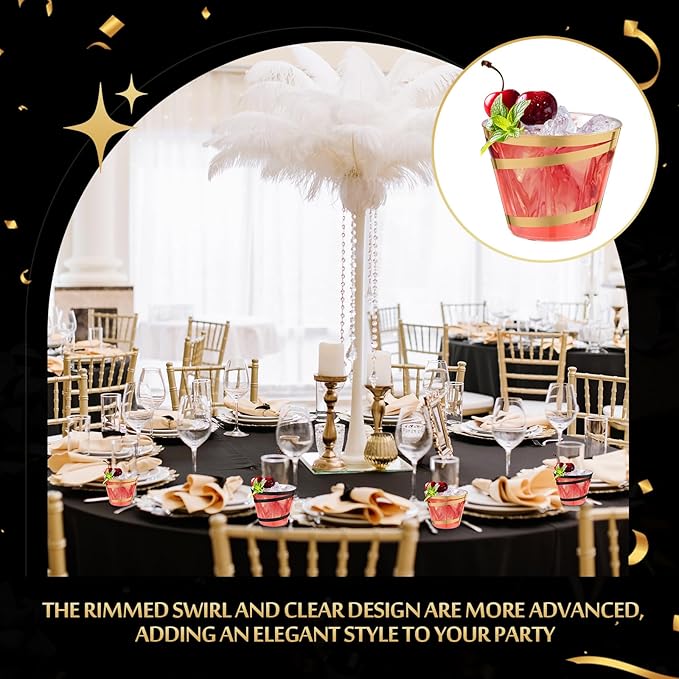 Gejoy 9 oz Rimmed Swirl Plastic Cups Disposable Wine Drinking Cups Clear Elegant Halloween Tumblers for Christmas Party Supplies(Black, Gold,200 Pcs)