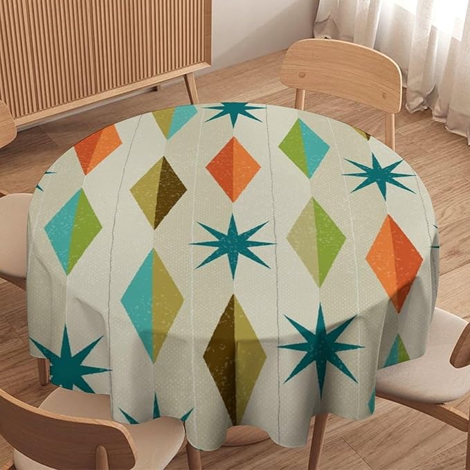 Mid Century Round Tablecloth, Modern Colorful Abstract Geometric Retro Art Printed Tablecloth for Home Party Dining Room Kitchen Decor 60Inch(152cm)