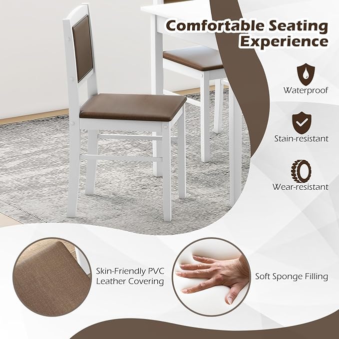 POWERSTONE Farmhouse Wood Dining Table Set for 4, Space-Saving Kitchen Table 4 Chairs Paded PU Leather, Rectangular 5 Piece Dining Table Set 4 Rubberwood Legs Chairs for Kitchen Indoor Dinner (White)