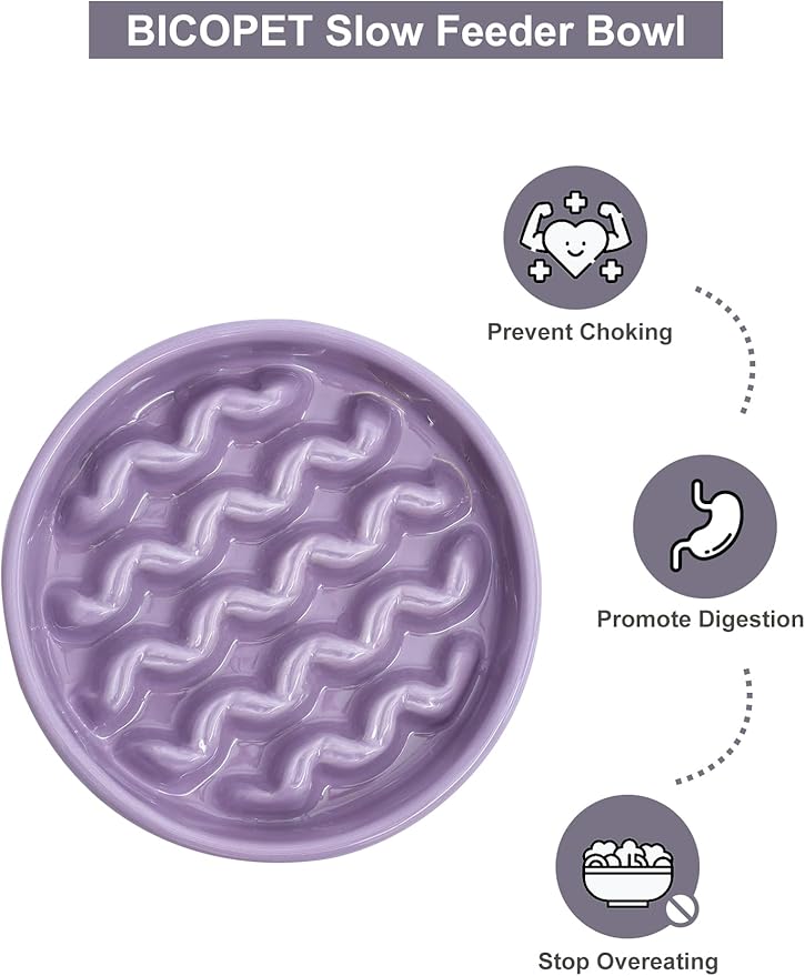 Ceramic Maze Dog Slow Feeder with Non-Slip Silicone Rim – Heavy-Duty Stoneware Bowl with Puzzle Pattern for Bloating & Obesity Prevention (Purple-M)