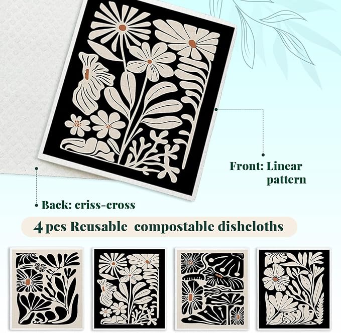 Spring Flower Swedish Dishcloths for Kitchen, Boho Swedish Dish Cleaning Cloths for Floral, Papaya Reusable Paper Towels, 4 Pack Dish Towels for Kitchen, Reusable Paper Dishcloths Washable