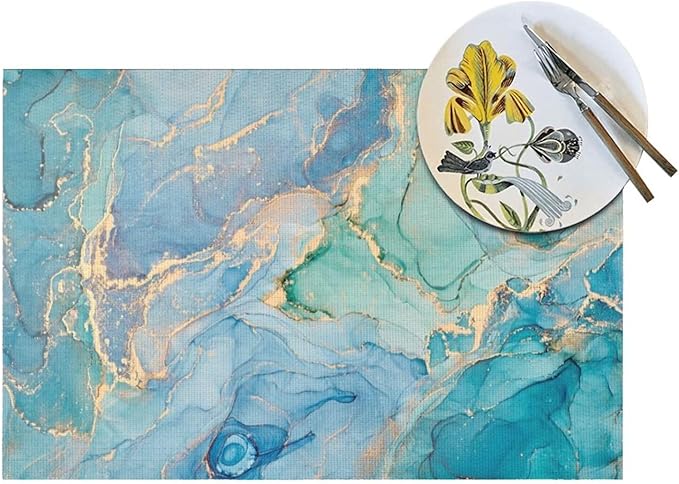 Teal Marble Placemats Set of 6 Turquoise Blue Gold Natural Luxury Abstract Fluid Wipeable Table Mats Reusable Washable PVC Rectangle Place Mats for Kitchen Dining Home Decor 12x18 Inches
