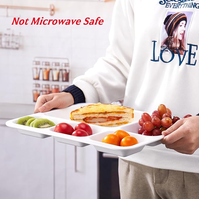 Divided Plates Melamine 5-Compartment White Serving Tray, 13.3 x 10.83 inches, 3 PCS, PFW-1331083-03