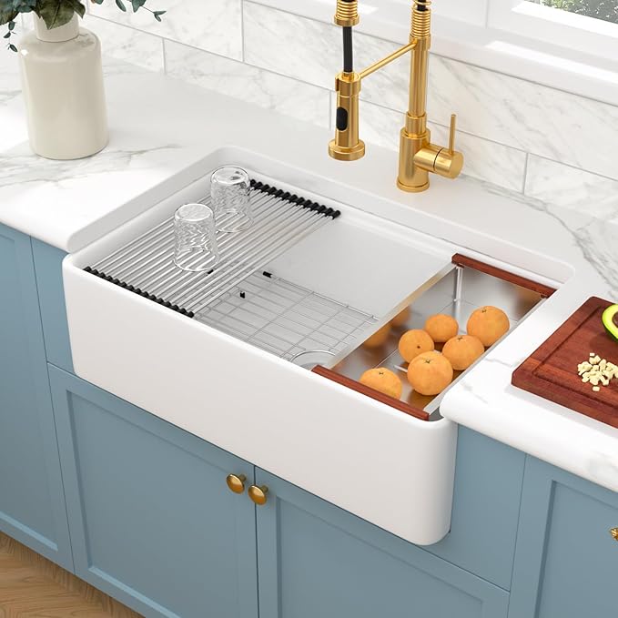 Sarlai 33 White Farmhouse Kitchen Sink - 33 x 20 Inch Farm Kitchen Sink Ledge Workstation White Ceramic Porcelain Fireclay Farmer Sinks Single Bowl Basin