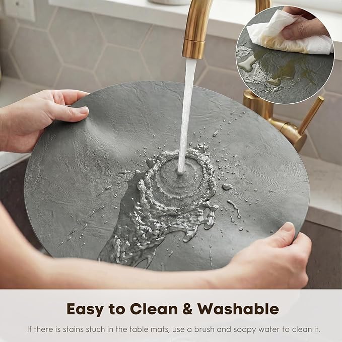 Artoid Mode Grey Faux Leather Placemats Set of 4, 15 Inch Waterproof Wipeable Heat Resistant Vinyl Place Mats, Reversible Table Mats for Winter Kitchen Dining Decor