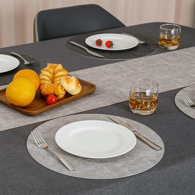 Myir JUN Reversible Vinyl Round Placemats Set of 8, Faux Leather Place Mats Dual Sided Waterproof Oilproof Wipeable, Heat-Resistant Table Mats for Kitchen Dining Indoor Outdoor (14", Light Gray Gray)