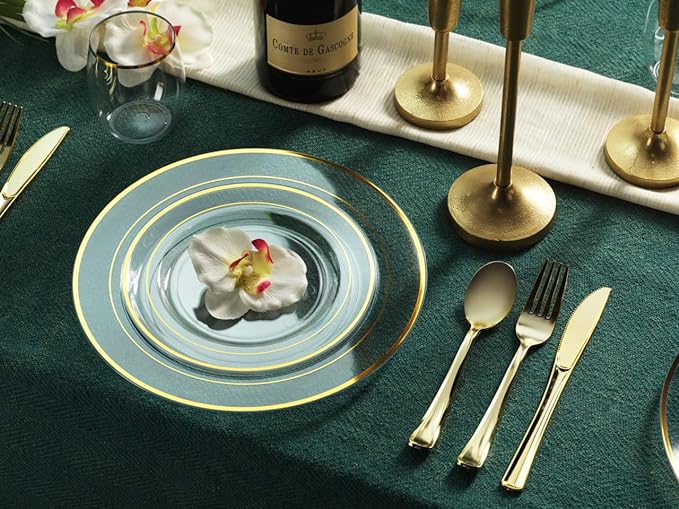 Munfix 100 Gold Plastic Plates Set, 10 Inch Disposable Dinner Plates, Elegant Fancy Heavy Duty for Party, Wedding, Clear with Gold Rim