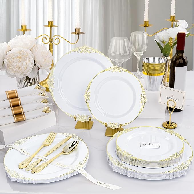350 PCS White and Gold Plastic Plates, Plastic Dinnerware Set for 50 Guests, 100 Disposable Plates, 150 Silverwares, 50 Cups, 50 Napkins for Party, Wedding, Graduation