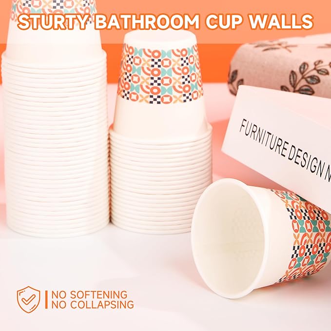 100 Pack 3 oz Bathroom Cups, Disposable Paper Cups with Rolled Rim, Small Paper Mouthwash Cup for Guest Bathrooms, Vanity & Office Use, Puzzle