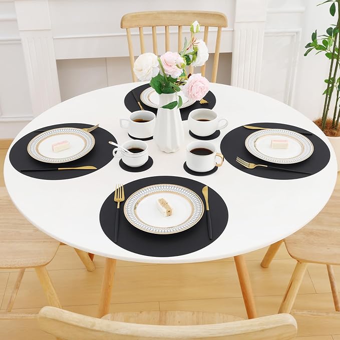 Homaxy Round Faux Leather Placemats and Coasters, Washable Dual-Side Table Mats, Wipeable Heat-Resistant Dining Place Mats for Outdoor and Indoor, Set of 6, Diameter 13 and 3.93 inch, Black