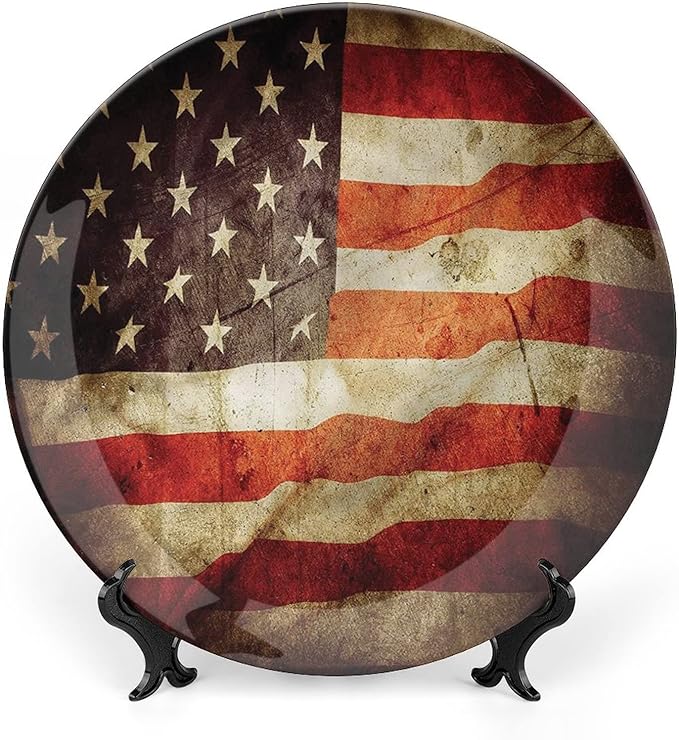 Ceramic Plates, American Flag Decorative Ceramic Plates, Grunge Look Patriotic, 7 Inch, Household Plates Decorative, Multicolor