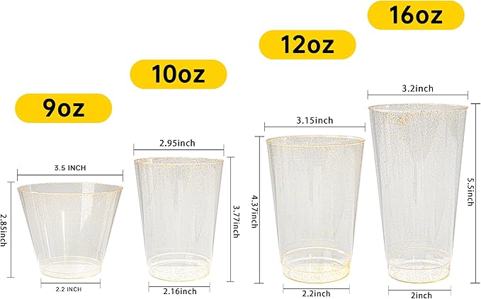 I00000 100 Pack 10oz Gold Plastic Cups, Premium Disposable Gold Glitter Plastic Cups for Martini and Cocktail,Hard Clear Cup with Gold Glitter Perfect for Fancy Wedding and Elegant Party