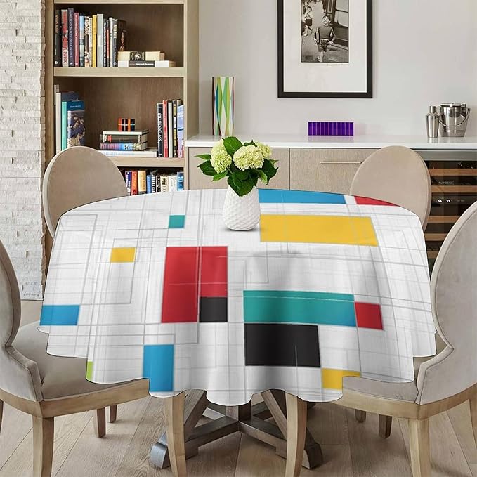 Mid Century Round Tablecloth, Abstract Geometric Mid Century Retro 50S 60S Tablecloth for Home Party Dining Room Kitchen Decor 60Inch(152cm)