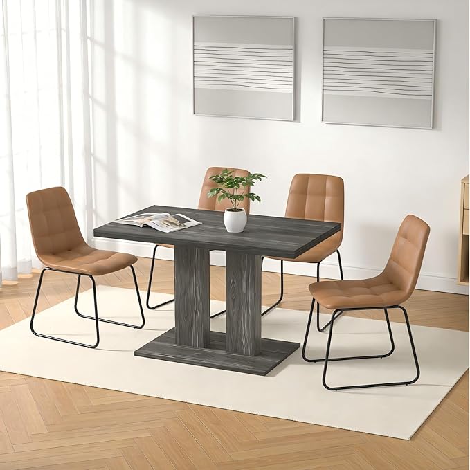 Modern 5-Piece Dining Table Set for 4, 46" Pedestal Dining Table with 4 Leather Chairs, Small Space Saving Kitchen Table Set, Grey Wood Finish Rectangular Table for Dining Room & Apartment