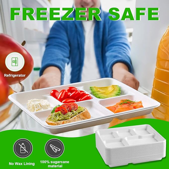 Go-Green 100% Compostable 5 Compartment Plates,Eco-Friendly Disposable Bagasse Tray,10 inch Heavy Duty School Lunch Tray,100 Pack
