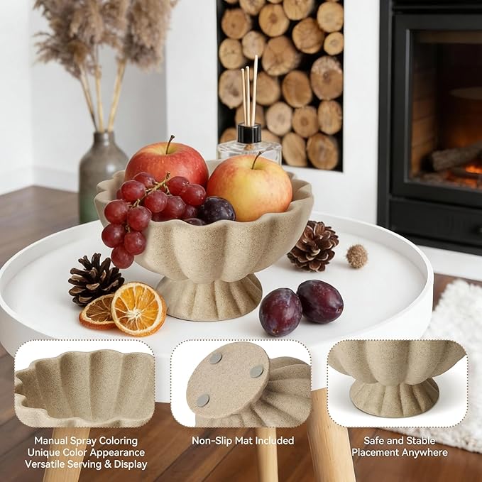 Pedestal Decorative Bowl Home Decor - Morden Handicraft Decorative Fruit Bowl for Kitchen Counter, Chic Ruffle Bowl Centerpiece Decor for Dining Table Coffee Table (Artificial Stone Beige)