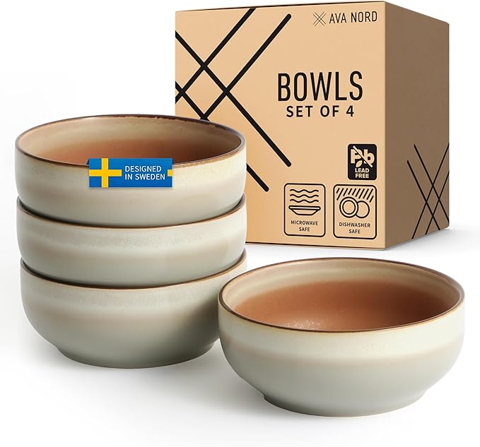 Stoneware Ceramic Cereal Bowls Set of 4, 21 oz | Lead-Free, Cadmium-Free | Microwave and Dishwasher Safe | For Soup, Salad, Rice, Dessert, Ice Cream | Nordic Design | Terracotta/Sage Ash