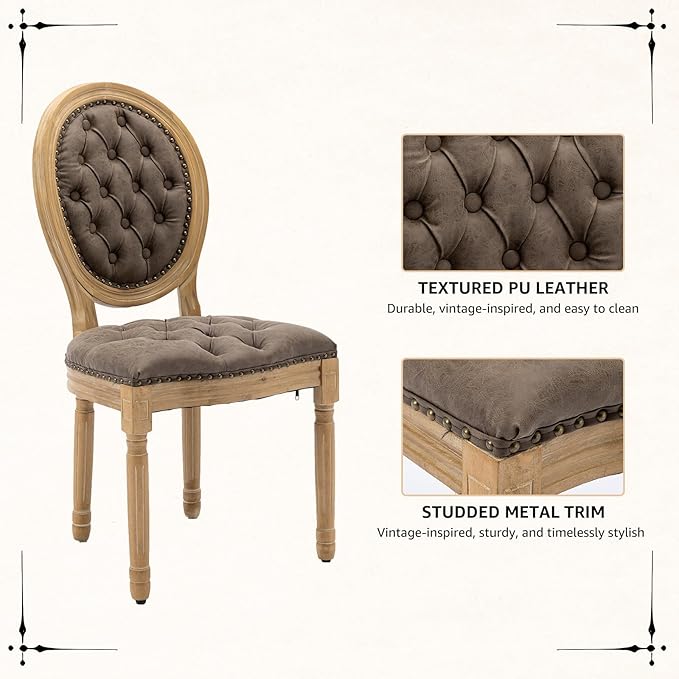 Vintage French Dining Chairs Set of 2, Round Back PU Leather Upholstered Accent Chairs with Nailhead Trim and Solid Wood Frame, Farmhouse Sillas de Comedor for Dining Room & Kitchen, Distressed Brown