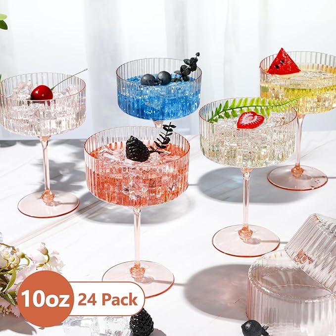24 Pcs Ribbed Martini Glasses 10 oz Disposable Plastic Vintage Ribbed Coupe Glasses Unbreakable Dessert Parfait Glassware for Wedding Birthday Party Supplies (Champagne Powder)