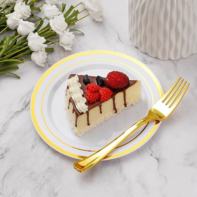 Goodluck 240PCS 7" Gold Dessert Plastic Plates with 7.4" Forks, Gold Appetizer Plates for 120 Guests, Including 120 Disposable Cake Plastic Plates and 120 Forks for Wedding/Birthday/Christmas Party
