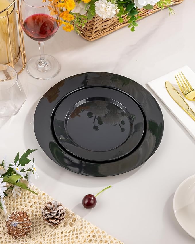 BESTVIP 100PCS Black Plastic Plates, 10.25 Inch Disposable Dinner Plate Party, Heavy Duty Disposable Plastic Plates - Ideal for Christmas Parties, Wedding and Birthday, Everyday Use, Lunch & Dinner