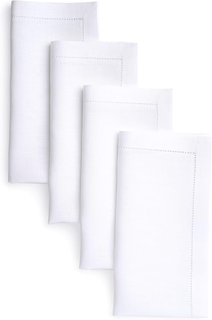 D'Moksha Homes White Linen Napkins Set of 4 - Classic Hemstitch 100% Pure Linen Hemstitch Dinner Napkins 20 x 20 Inch for Valentines, Spring, Easter - Handcrafted and Machine Washable