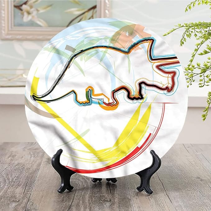Decorative Plates, Dinosaur Print Ornament, Triceratops Sketch Lines, 10 Inch, 1 Plate with 1 Display Stand, Multicolor