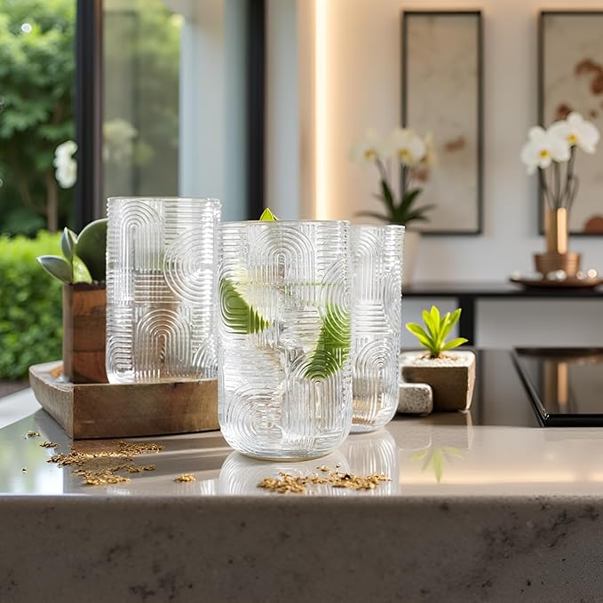 Glaver's Drinking Glasses, Highball Glasses, 17 Ounce Thick Embossed Designed, Set of 4 Clear Kitchen Glassware For Everyday Elegant Serving Coolers, Urban Pattern Modern Drinking Glasses