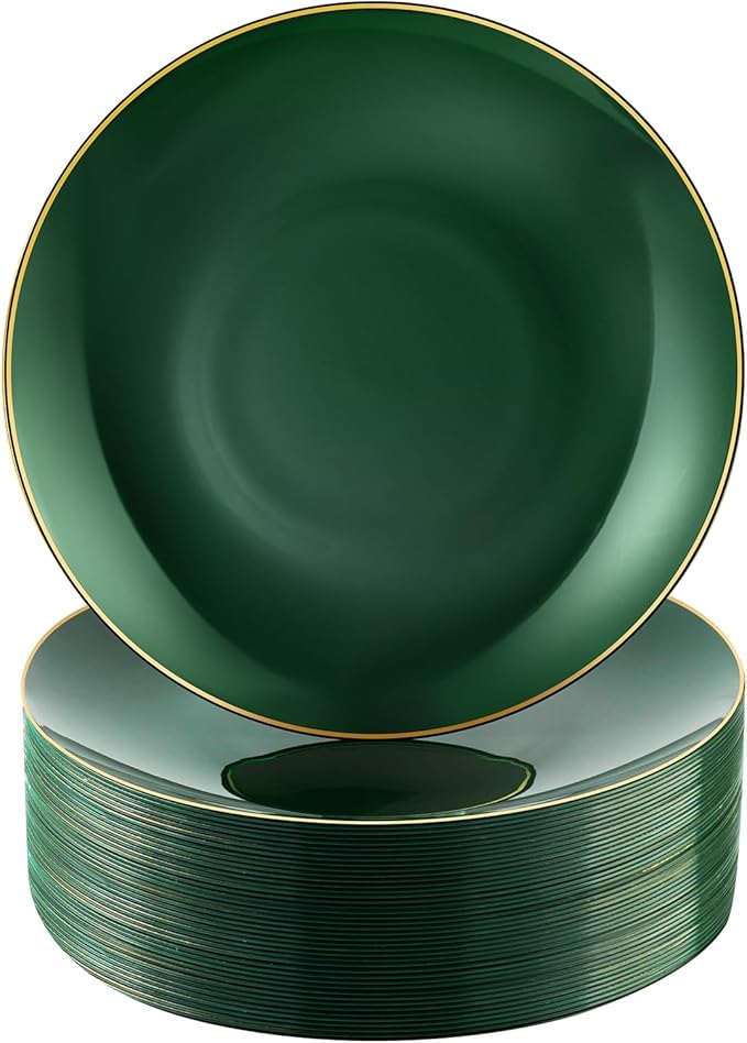 100 PCS Green Gold Plastic Plates, 10 inch Green Disposable Plates for Party, Plastic Dinner Plates for Party, Graduation, Birthday, Wedding
