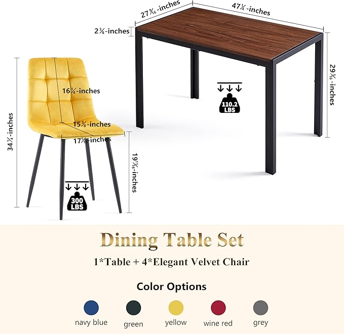 Dining Room Set for 4, 47" Rectangular Table with Durable MDF Tabletop Easy Clean & 4 Elegant Velvet Dining Chair Upholstered Living Chair with Backrest for Dining Room, Restaurant