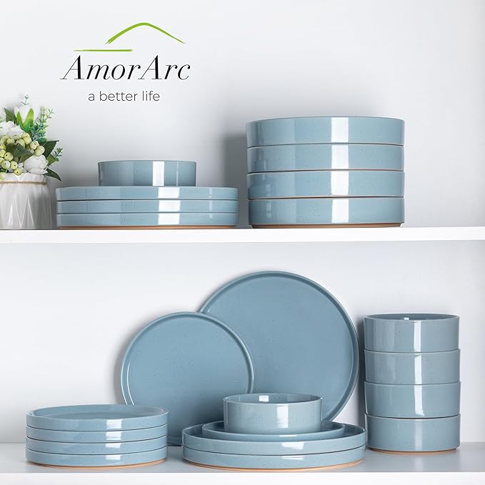 AmorArc Ceramic Dinner Plates Set of 6, 10.25 Inch Stoneware Plates for Kitchen,Modern Flat Dinnerware Dishes Set,Microwave& Dishwasher Safe, Scratch Resistant-Blue