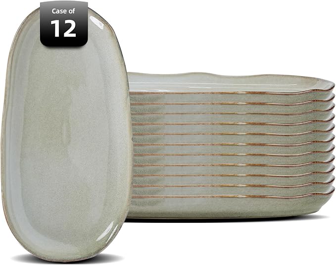 Organic Shape Highland Ceramic Serving Tray, 12pcs 11.625 * 5.125inch Handmade Reactive Glaze Stoneware Tray with Wavy Edge, for Kitchen, Microwave & Dishwasher Safe, Scratch Resistant-Grey