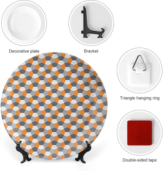 Ceramic Plates, Abstract Decorative Ceramic Plates, Modern Style Mosaic Tile with Hexagonal Shapes, 10 Inch, Household Plates Decorative, Grey Charcoal Grey Orange