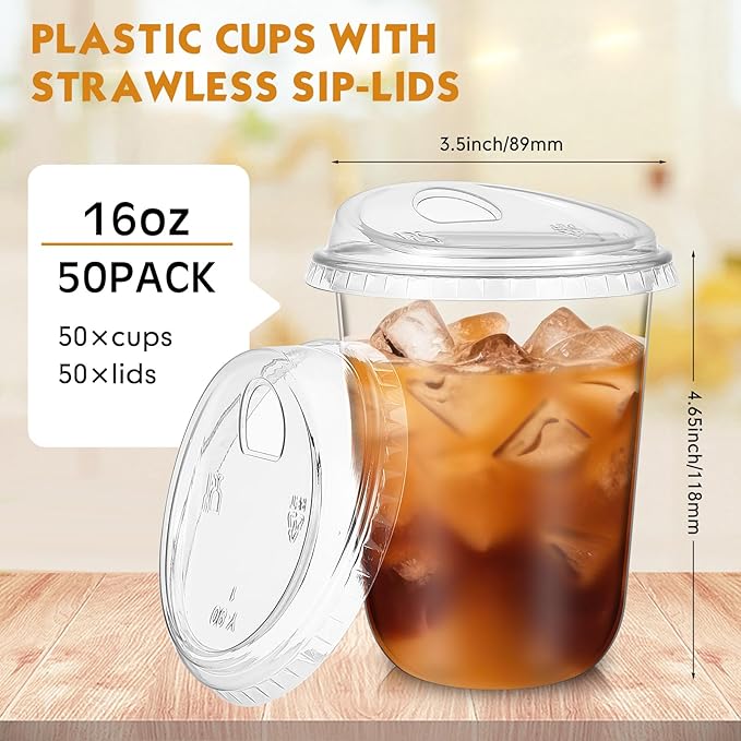 Baderke 50 Pcs Plastic Cups with Sip Lids Round Bottom Disposable Plastic Coffee Cups with Lids Clear Strawless Crystal Mugs for Iced Coffee Smoothie Cold Beverage Party Catering Supplies (16 oz)