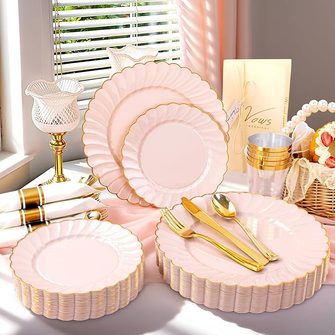 YOUBET 350PCS Pink Scalloped Plastic Plates - Pink and Gold Disposable Dinnerware Set Include 100 Plates, 150 Gold Silverware, 50 Cups, 50 Napkins for Wedding & Party Valentines Day