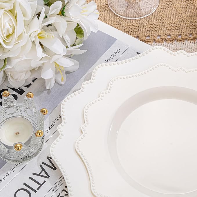 COLOSUS 60pcs Ivory Plastic Plates -Elegant Plastic Plates,Heavy Duty Cream Disposable Plates for Party Include 30 pcs Dinner Plate and 30 pcs Dessert Plate for Wedding/birthday/baby shower