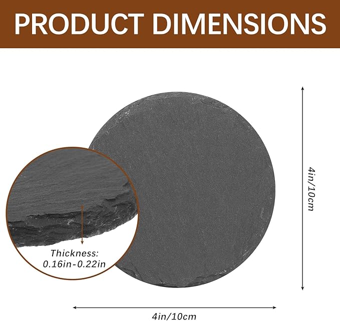 24 PCS Black Natural Slate Coasters Bulk Set 4 Inch Laser Engraving Blanks with Anti Scratch Bottoms for Home, Office, Bar, Gifts Round Coasters