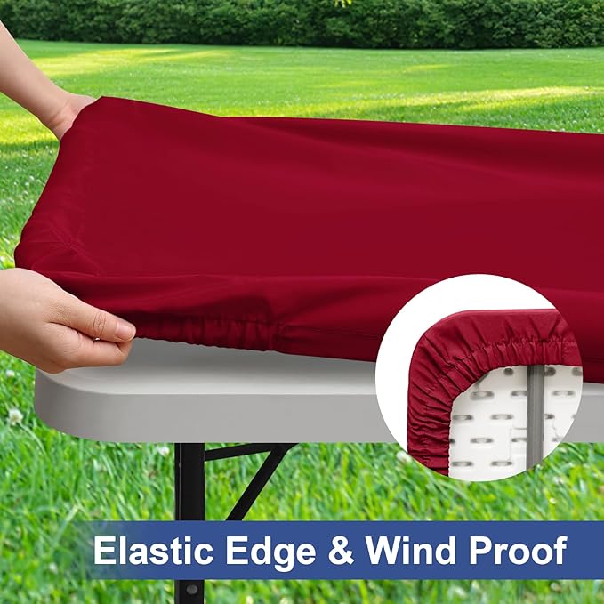 homing 2 Pack Rectangle Table Cloth, Elastic Fitted Fabric Tablecloth Fits for 6 Foot Folding Tables, Washable Table Cover for Picnic, Camping, Indoor & Valentine's Day (Wine Red, 30" x 72")