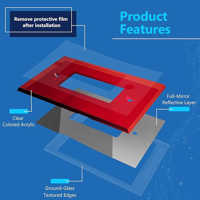 LIDER Reflective Acrylic Decorator Wall Plate, Mirrored Light Switch Plate, Plexiglass Outlet Cover, Acrylic Glass, Oversized 1-Gang 5.25" x 3.44", LWP-31O-ARD, Red