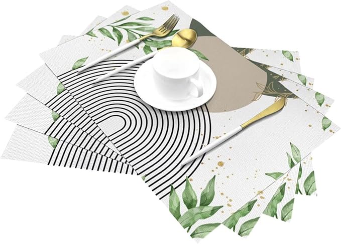 Boho Sage Green Placemats Abstract Bohemian Mid Century Modern Gold Leaves Plant Olive Grey Minimalist Washable Place Mats 12x18Inch for Dining Kitchen Farmhouse Decor 6 PCS