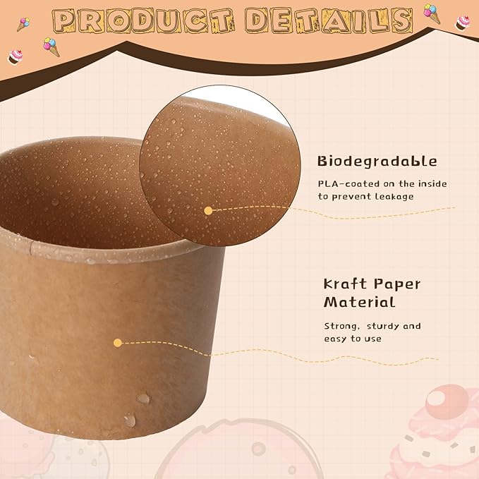 Honeydak 100 Pieces Ice Cream Soup Cups Paper 12 oz Disposable Sundae Bowls Kraft Paper Hot Cold Snack Yogurt Dessert Small Cups for Ice Cream Baby Shower Party Supplies, Brown Disposable Bowls