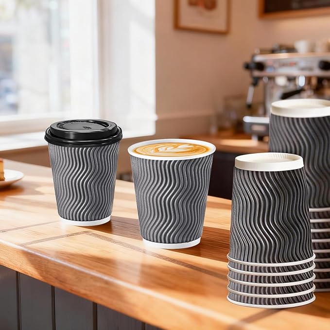 100 Pack 10 oz Coffee Cups with Lids, Disposable Insulated Hot Cups To Go Paper Coffee Cups, Corrugated Ripple Wall Cup for Hot Drink, Office, Coffee Bar (Grey 10 oz)
