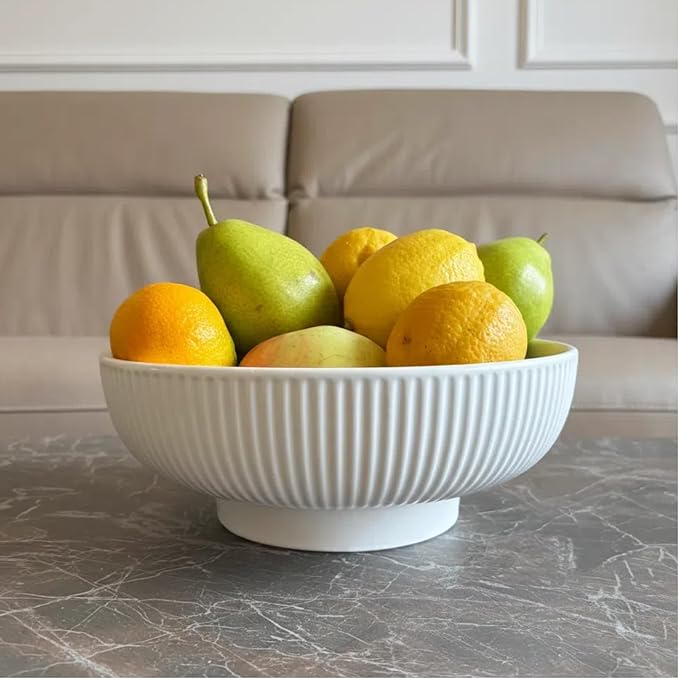 Ceramic Fruit Bowl,10.5" Decorative Bowl, White Fruit Bowl for Kitchen Counter, Purse Bowl, Key Bowl, Kitchen Island Décor, Centerpiece for Dining Table (White)