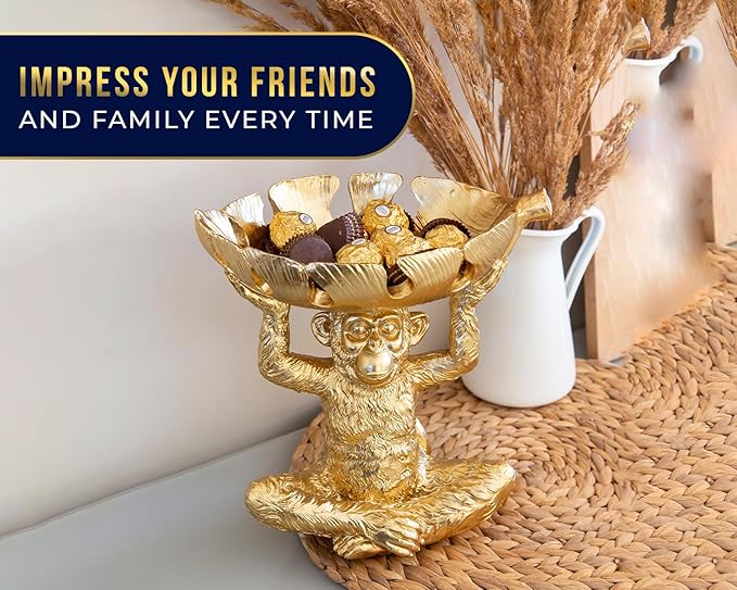 Comfify Adorable Monkey Decorative Bowl – Detailed Resin Sculpture w/Split Leaf Dish for Snacks, Nuts, Candies & More – Modern Decor Golden Finish for Keys or Jewelry
