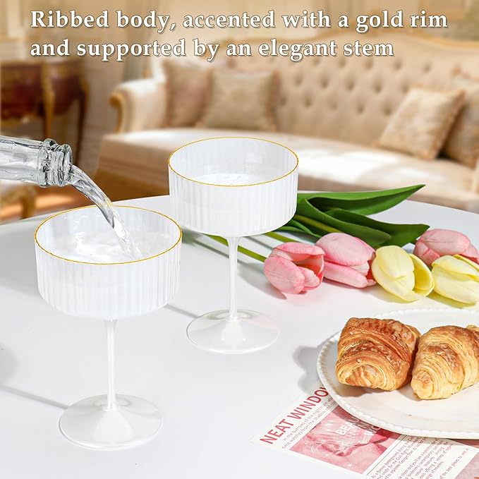 12 PCS Champagne Martini Glasses Pearl White 10 oz Espresso Martini Glasses Gold Rim Disposable Plastic Ribbed Coupe Glasses Vintage Cocktail Glass Champagne Coupe Cup For Wedding Anniversary