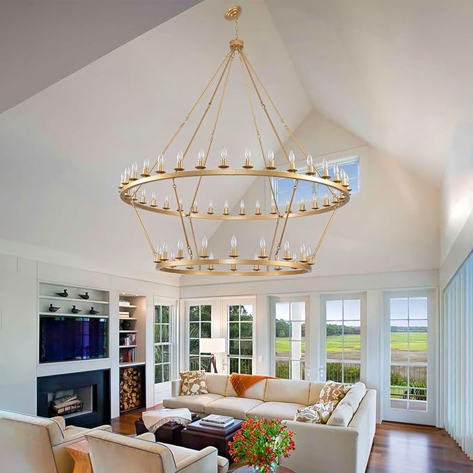 60 Inch Gold Extra Large Wagon Wheel Chandelier, 2 Tier 54-Lights Farmhouse Industrial Round High Ceiling Pendant Light Adjustable Chain, for Dining Room, Living Room