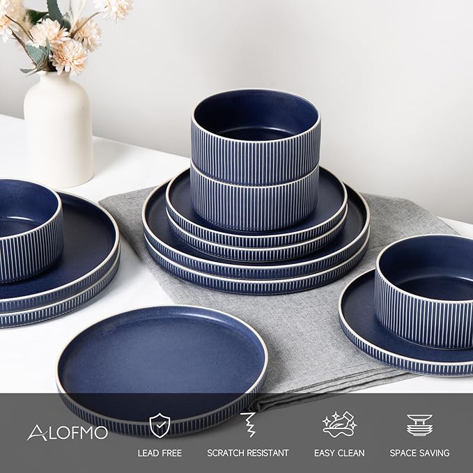 Dinnerware Set Service for 8, 24-Piece Ceramic Plates and Bowls Set, Chip & Scratch Resistant, Microwave and Dishwasher Safe, Modern Minimalist Tableware for Everyday Use, Matte Blue