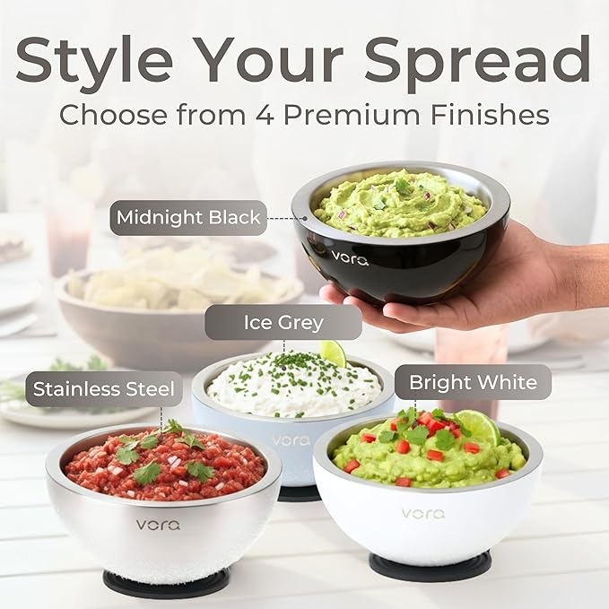 Vora 18oz Dip Chiller Bowl | Black Stainless Steel Chilled Dip Bowl for Dips, Guacamole, Hummus, Salsa | Insulated Serving Dishes with Easiest Water Fill & Refillable Chamber